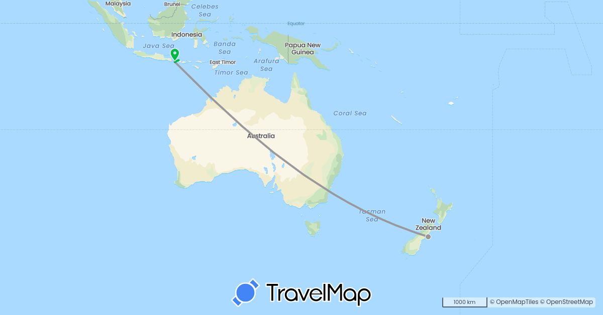 TravelMap itinerary: driving, bus, plane, boat in Indonesia, New Zealand (Asia, Oceania)